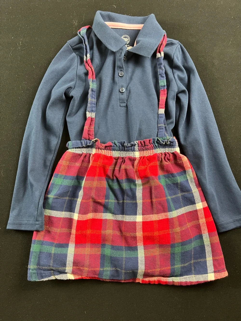 Navy Polo Top with Red & Blue Plaid Suspender Skirt